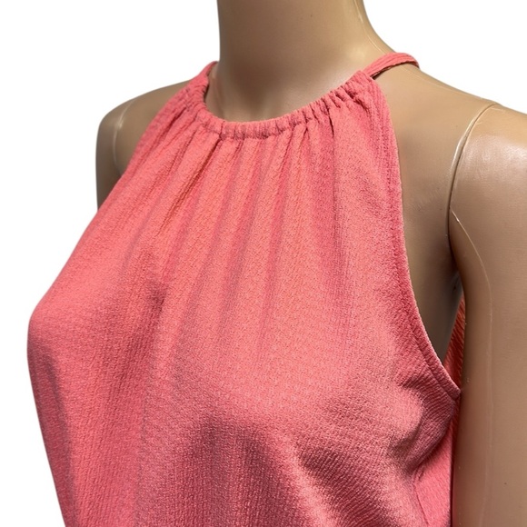 Nine West Peach Sleeveless Halter Keyhole Back Peplum Smocked Tank Top Blouse M - Picture 3 of 10
